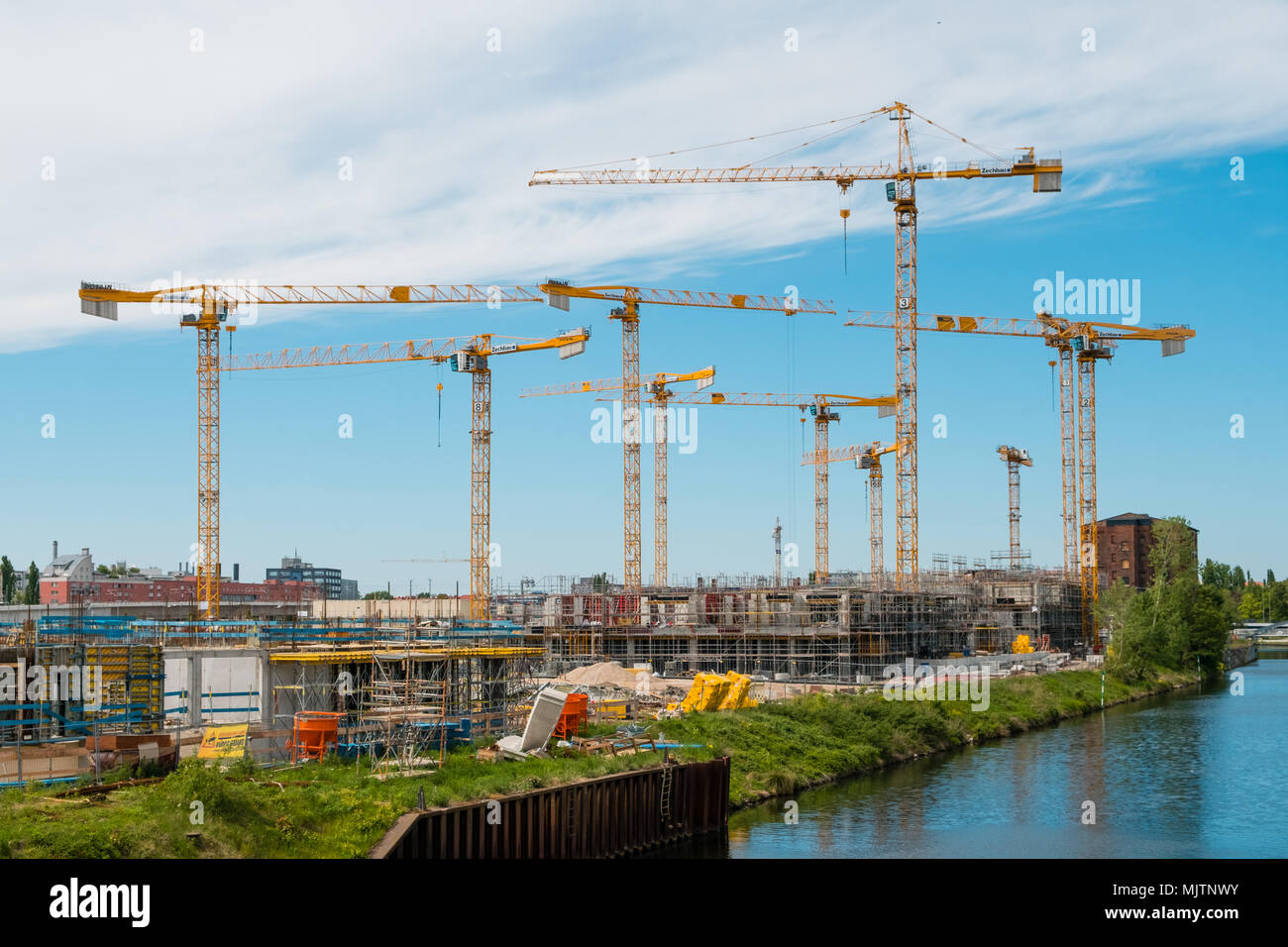 Berlin, Germany - may 2018: Many cranes on constuction site of the Quartier Europacity in Berlin, Germany Stock Photo