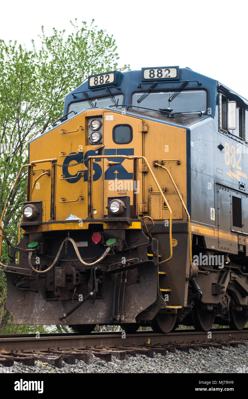 A CSX freight train locomotive parked on a train track in Brownsville, Pennsylvania, USA Stock Photo