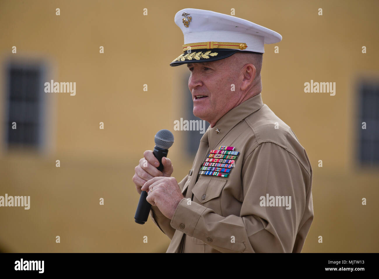 Brigadier Gen. William M. Jurney, commanding general, Marine Corps Recruit Depot San Diego/ Western Recruiting Region, addresses an audience during a concert at MCRD San Diego, Dec. 9. Marine Band San Diego hosted the annual winter concert to celebrate the holiday season. Stock Photo