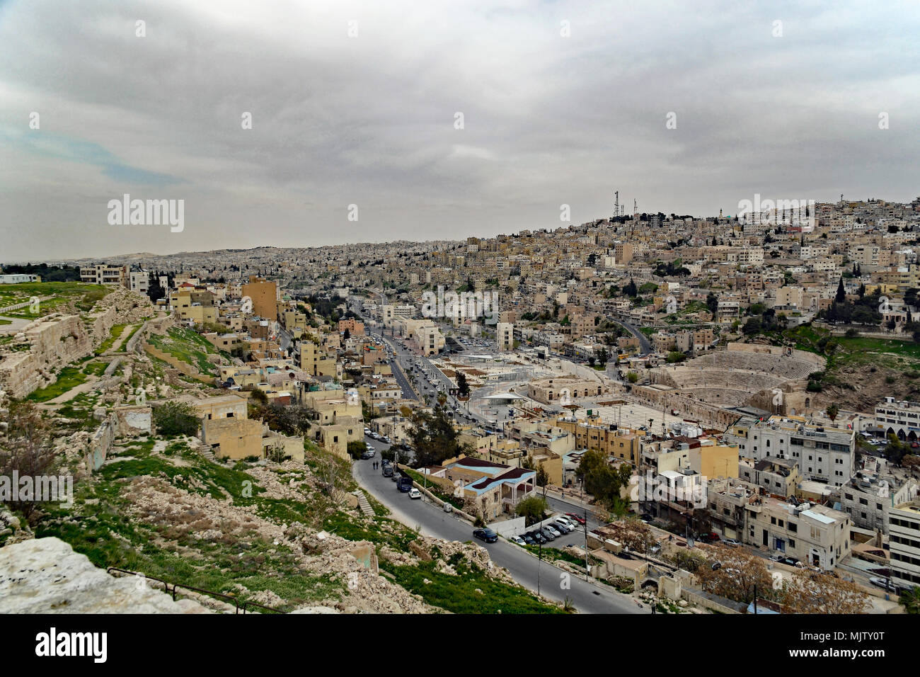 View of the Roman ruins from the Citadel in the old part of Amman, Jordan. Stock Photo