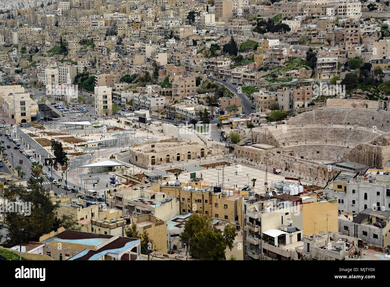 View of the Roman ruins from the Citadel in the old part of Amman, Jordan. Stock Photo