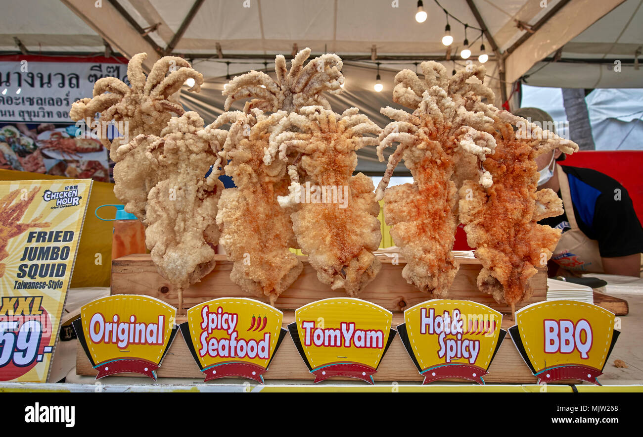 Thailand Street Food Stall With Fried Jumbo Squid Seafood On Sale