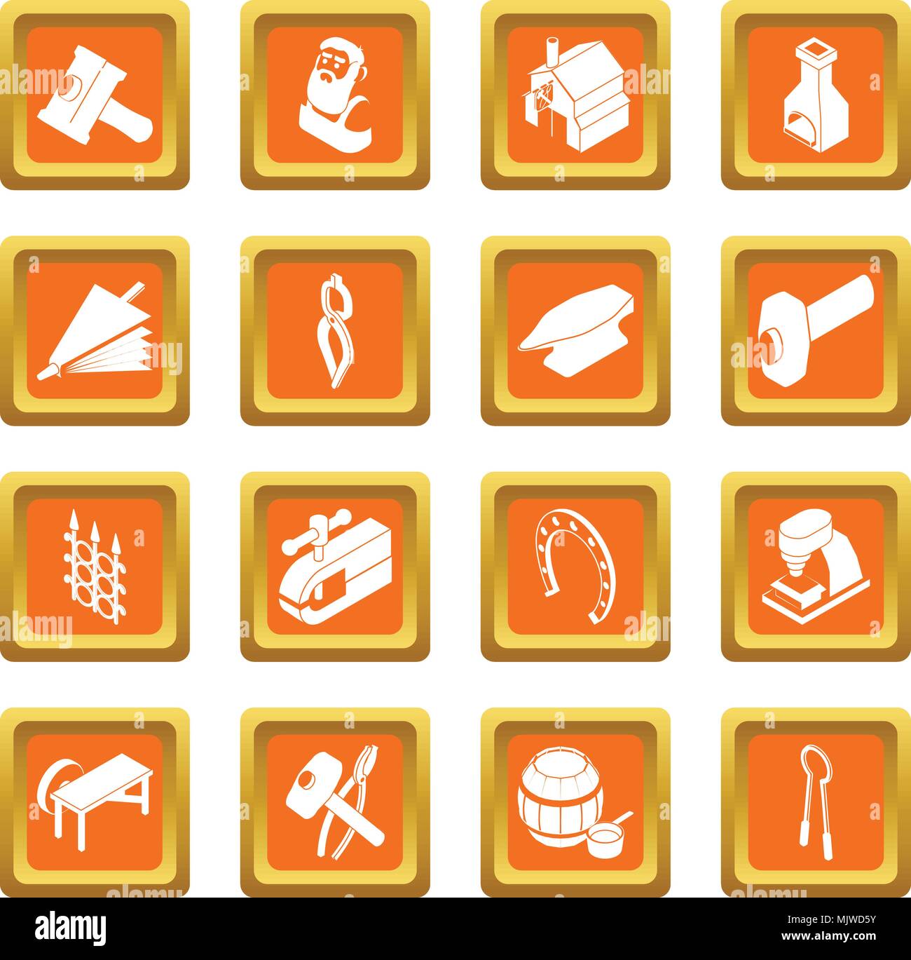 Blacksmith tools icons set orange square vector Stock Vector