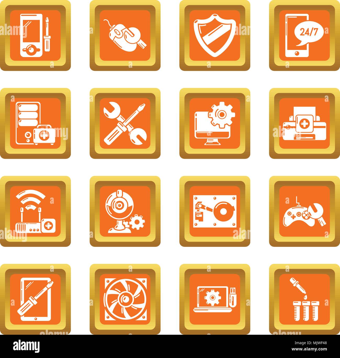 Computer repair service icons set orange square vector Stock Vector ...