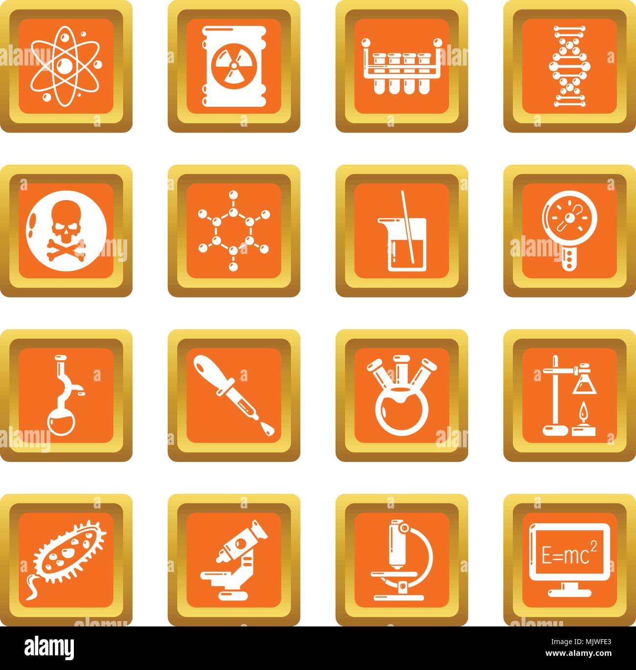 Chemistry laboratory icons set orange square vector Stock Vector