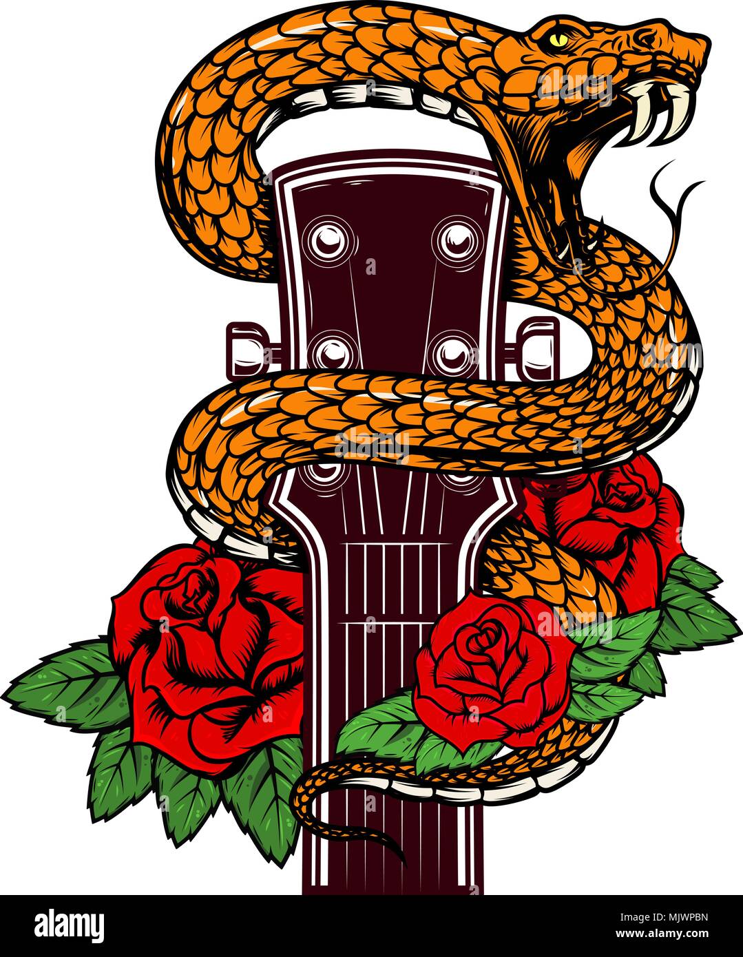 Guitar head with snake and roses. Design element for poster, card
