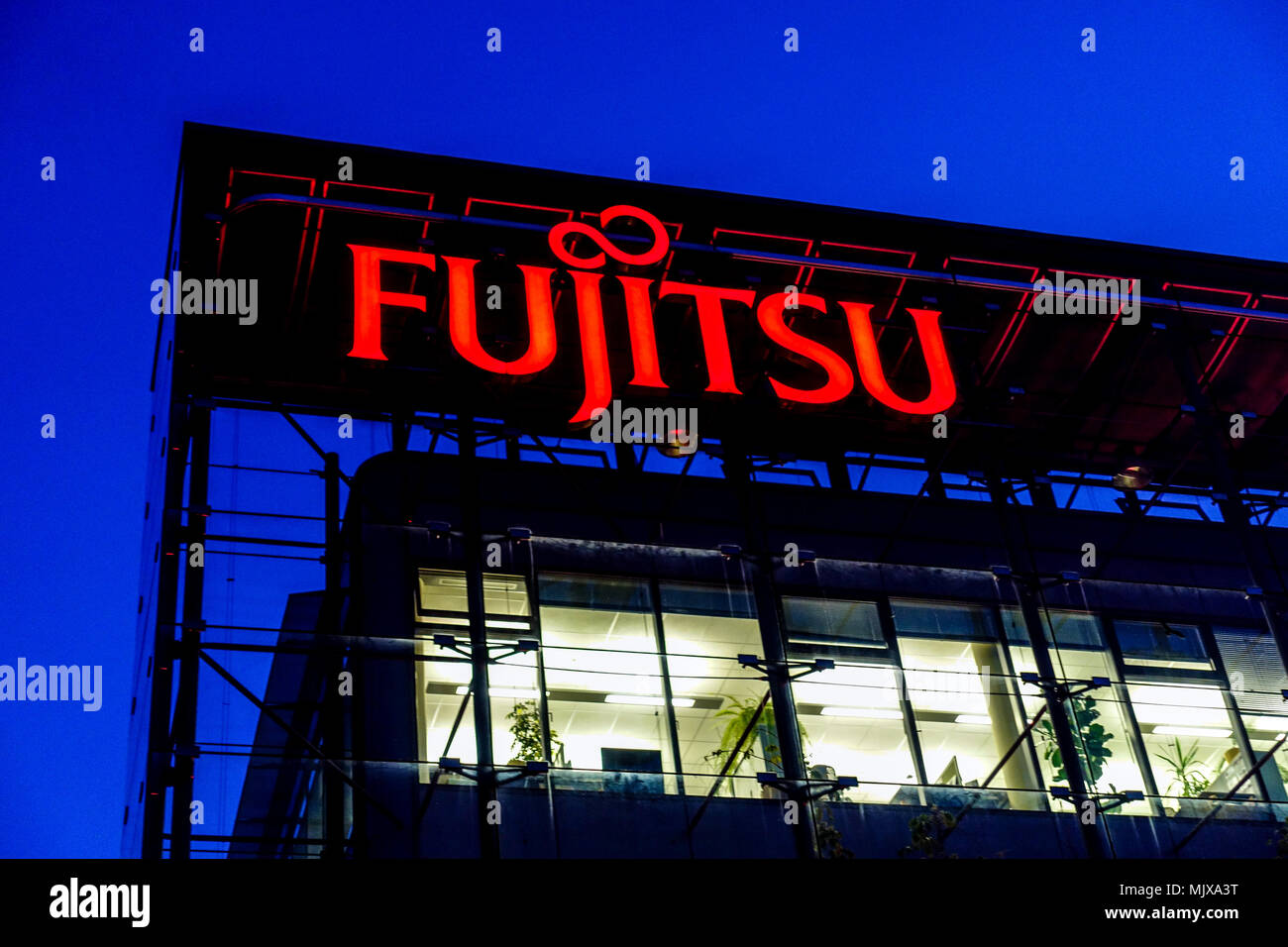 Fujitsu logo, sign, Prague, Czech Republic Europe Stock Photo
