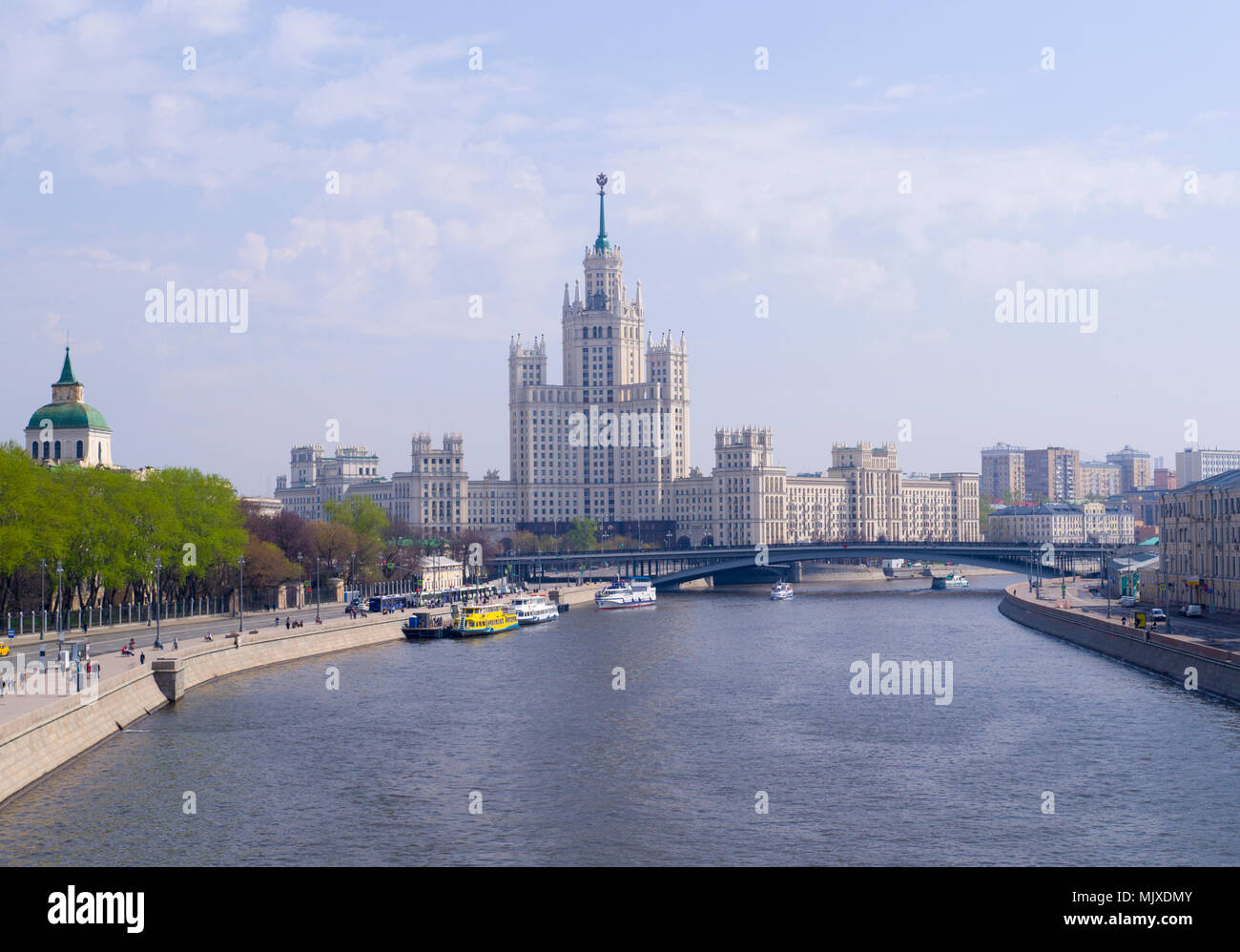 Stalin's Skyscraper in Moscow at summer near the river. background. Stock Photo