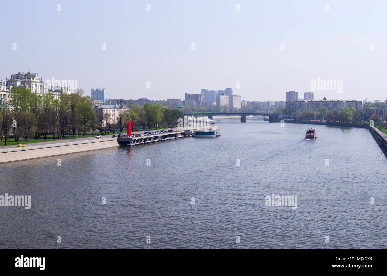 river on the city background at spring. nature, travel Stock Photo