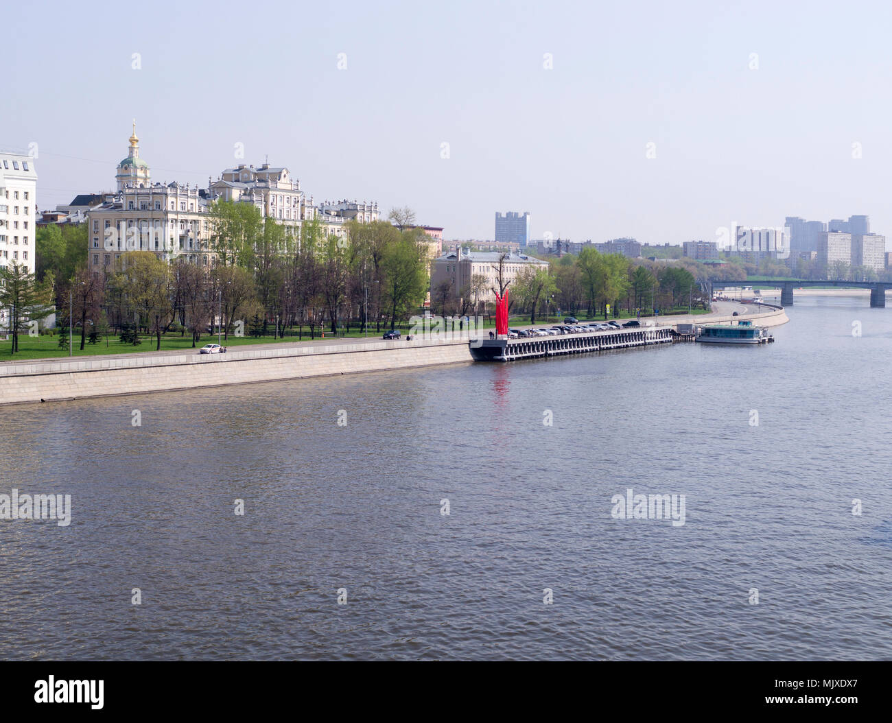 river on the city background at spring. nature, travel Stock Photo