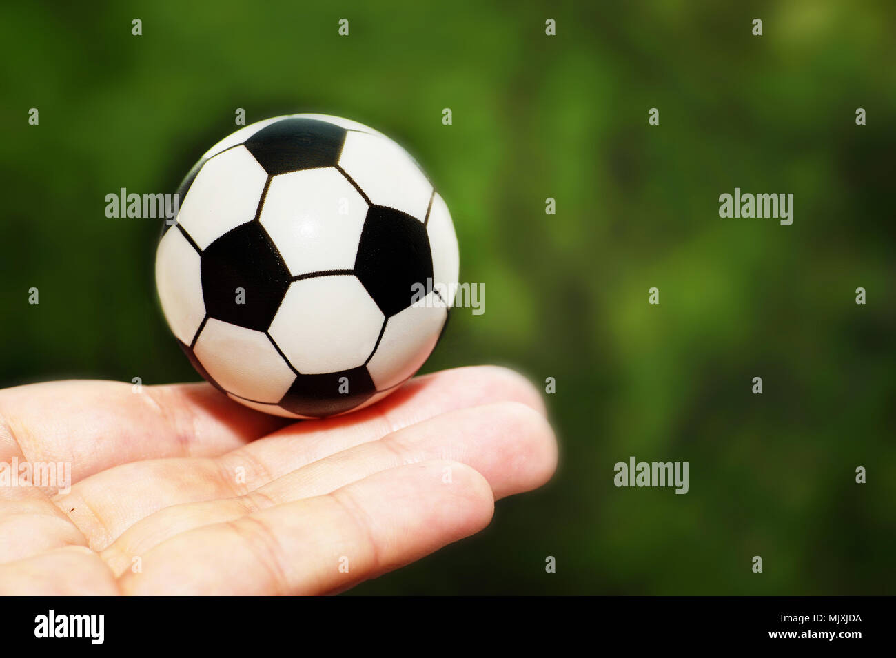 Souvenir soccer ball in hand on grass background Stock Photo Alamy