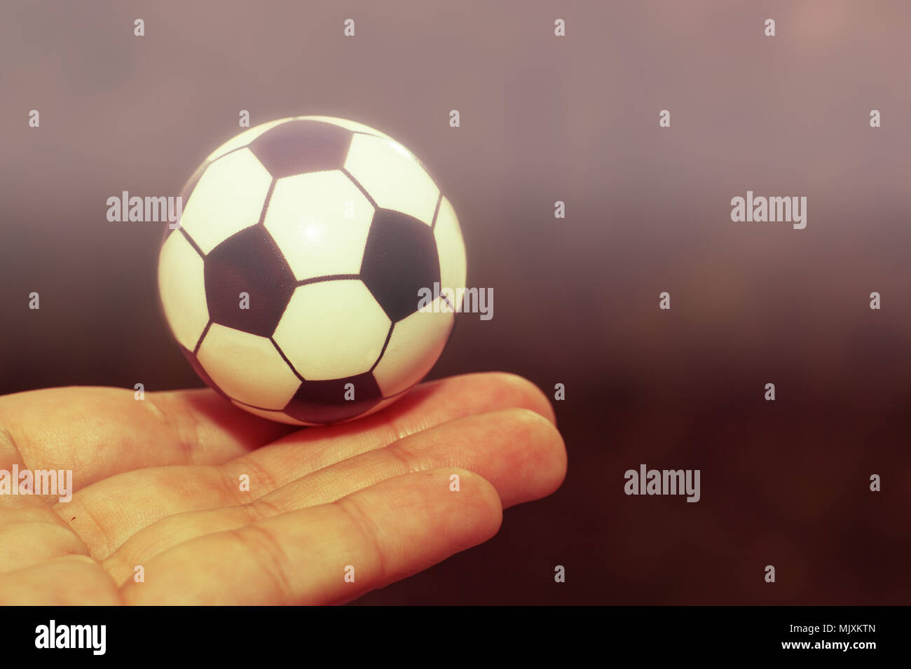 Souvenir soccer ball in hand on grass background Stock Photo Alamy