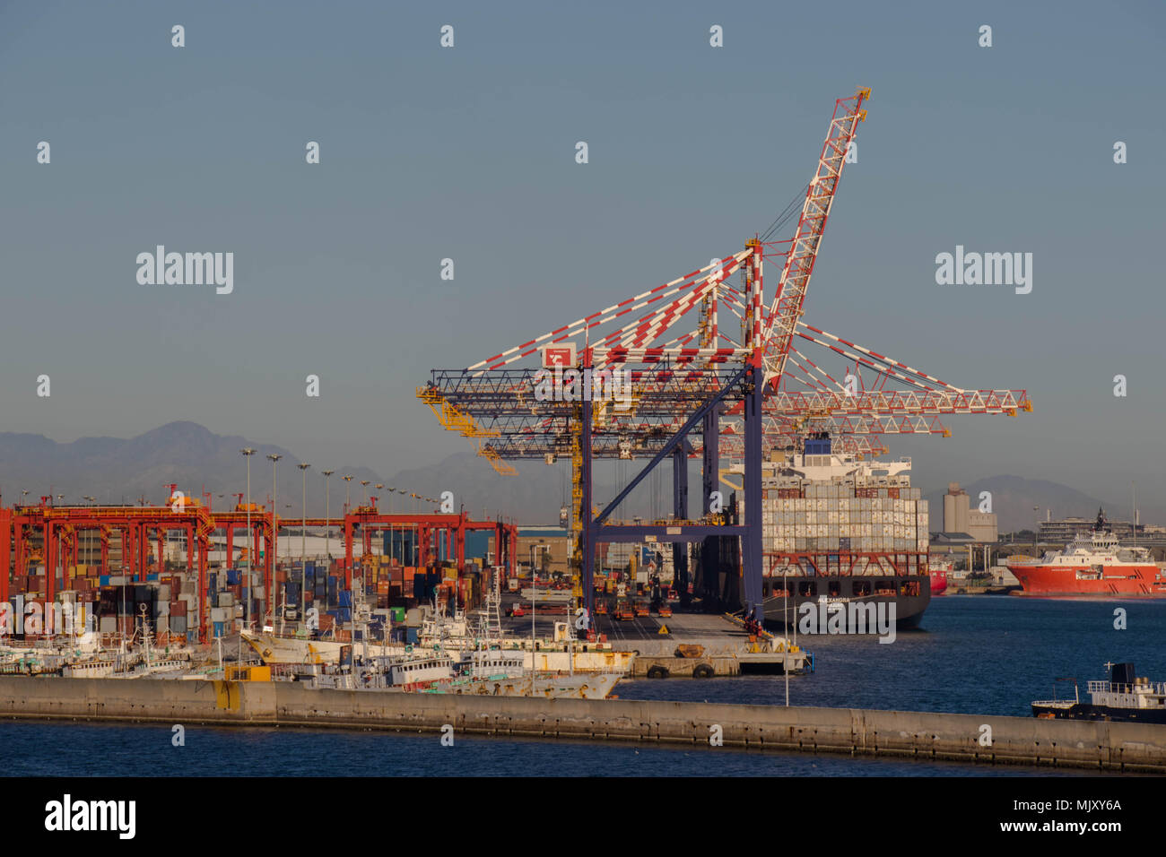 Cape Town, South Africa - the busy container depot in Table Bay Harbor in the city image with copy space in landscape format Stock Photo