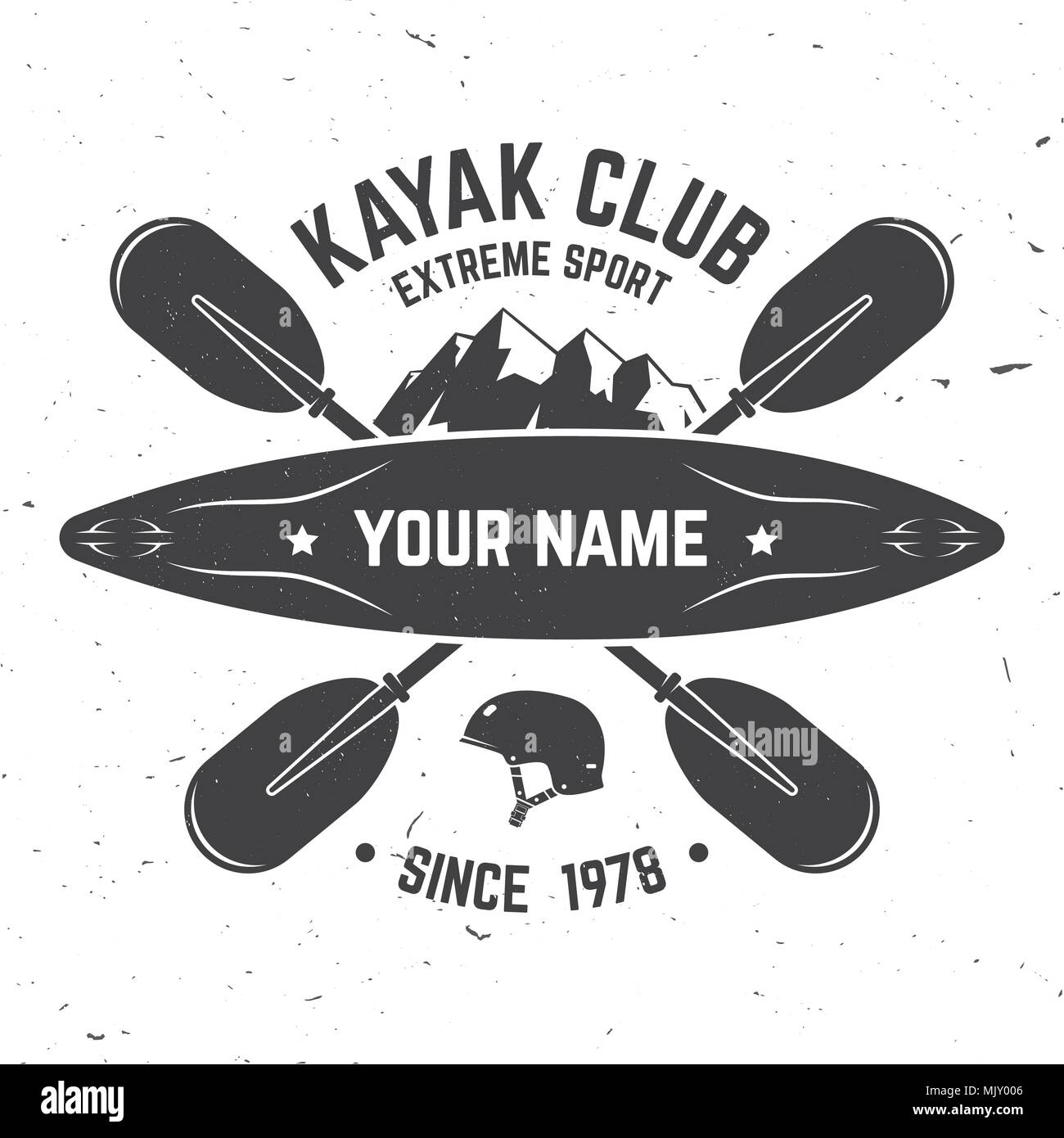 Kayak Club. Vector illustration. Concept for shirt, print, stamp or tee. Vintage typography design with mountain, helmet and boat silhouette. Extreme  Stock Vector