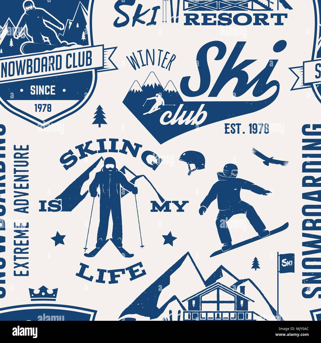 Ski and Snowboard Club seamless pattern. Vector illustration. Concept for shirt, print, stamp, badge or tee. Vintage typography design with snowboarde Stock Vector