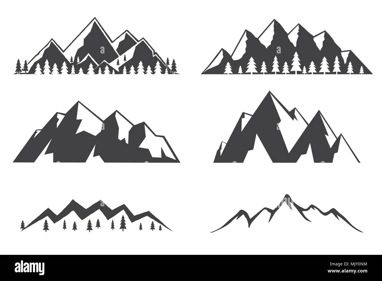 Set of mountains icons isolated on white background. Winter symbol for family vacation, activity or travel. For logo design, patches, seal, logo or ba Stock Vector