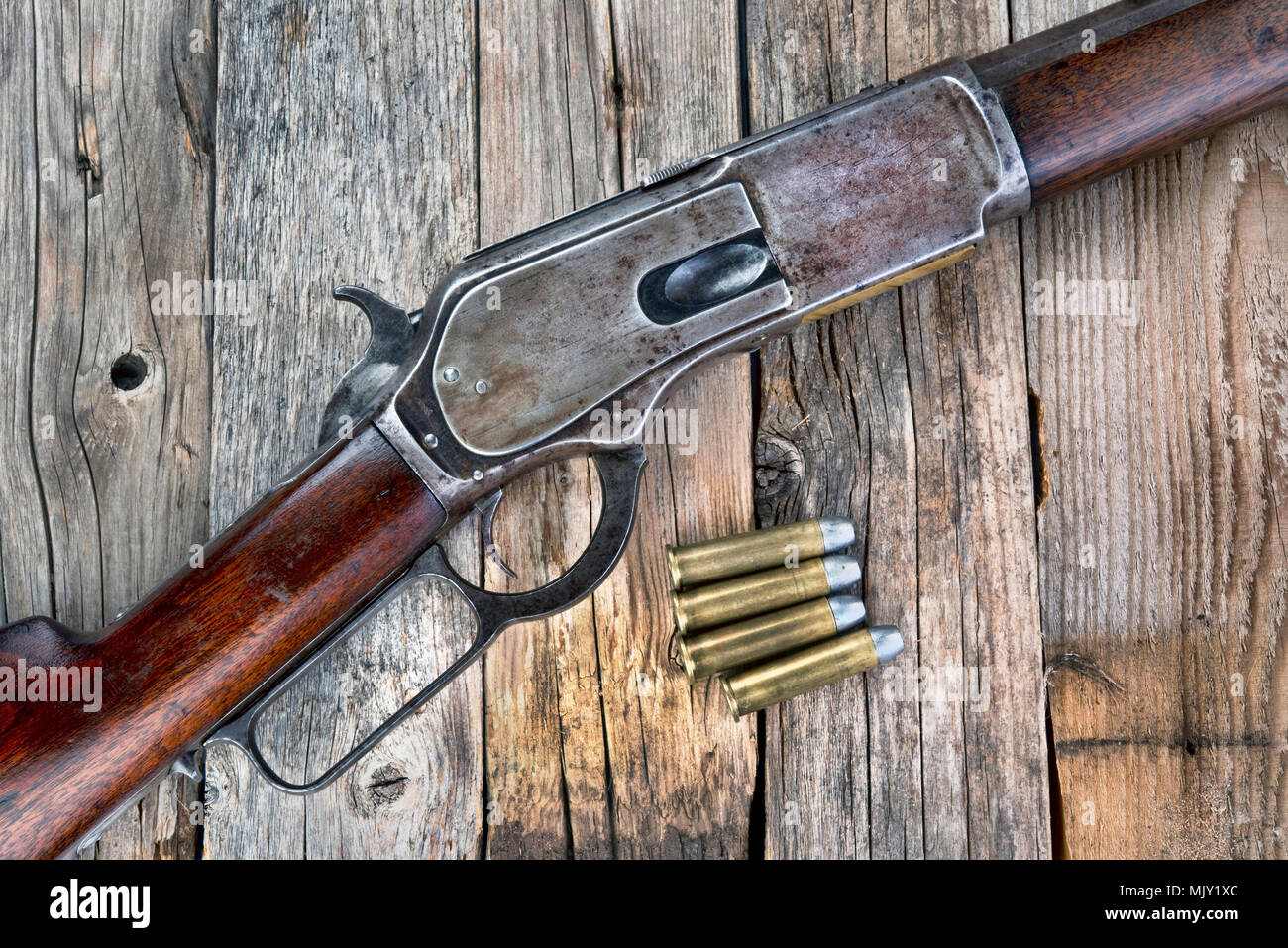Antique 1876 lever action cowboy rifle. Stock Photo