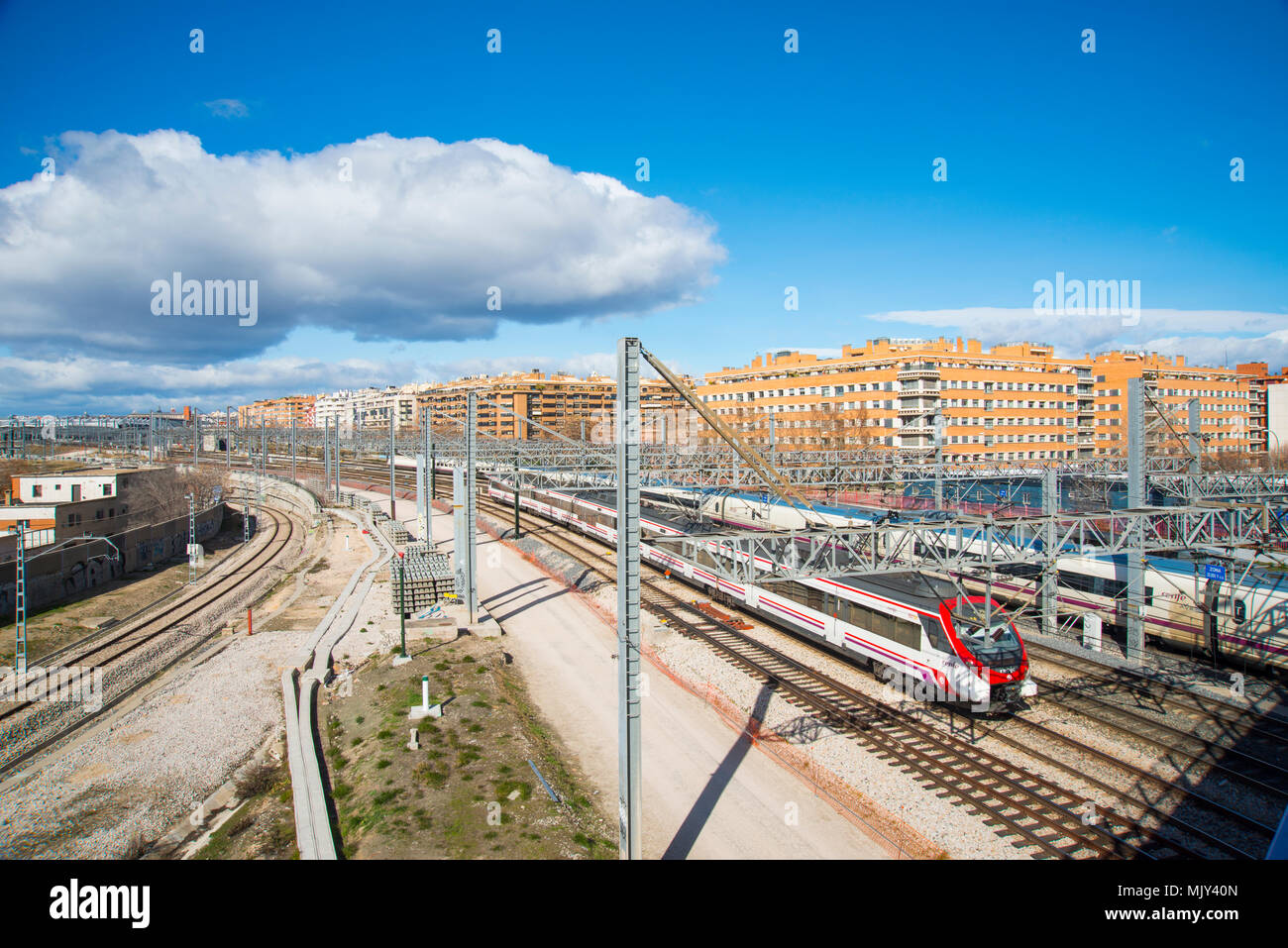 Trains near Puerta de Atocha railway station. Madrid, Spain. Stock Photo