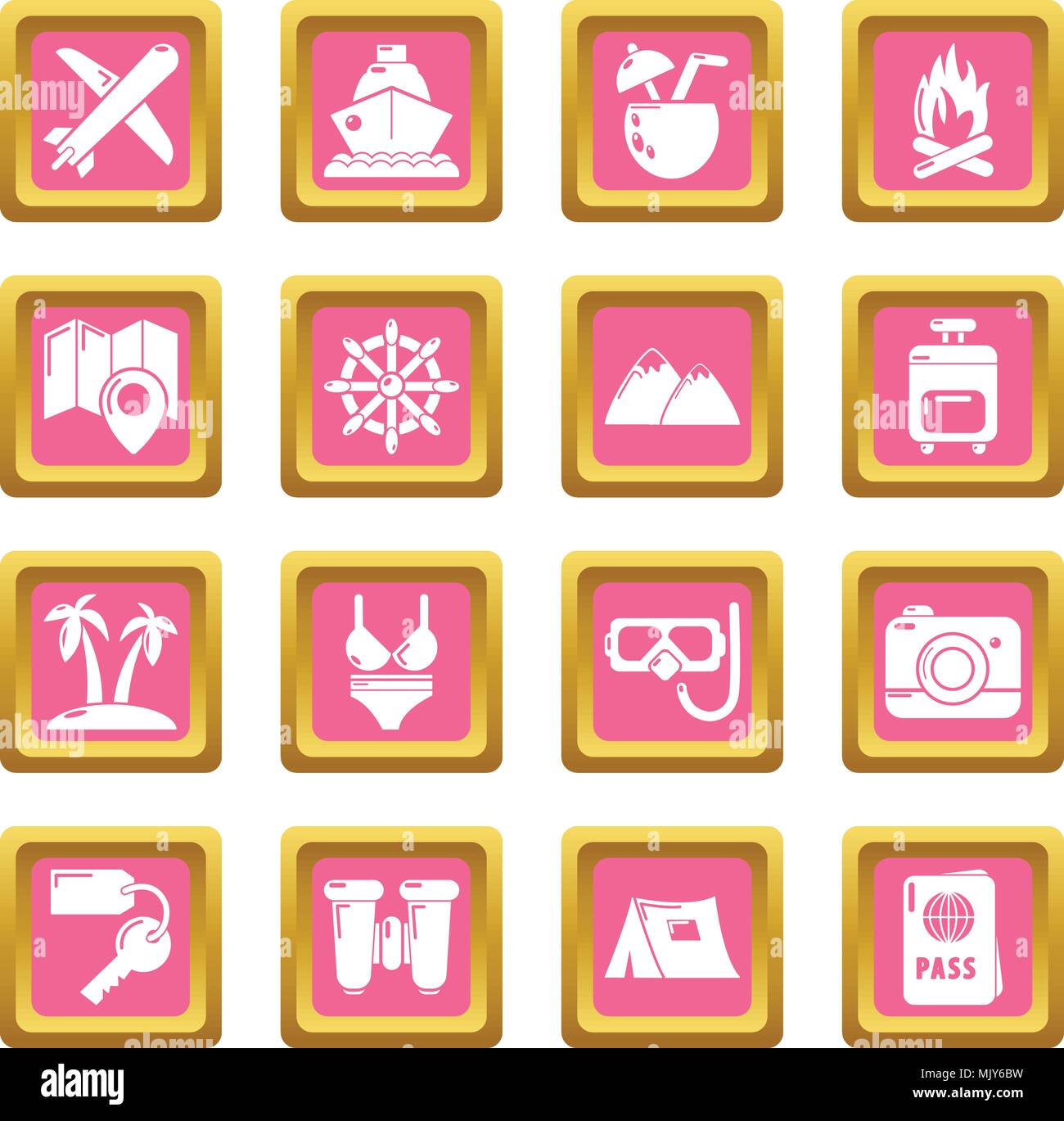 Travel summer icons set pink square vector Stock Vector