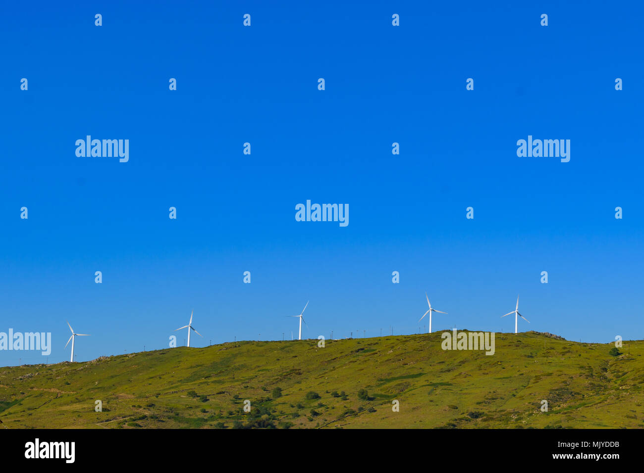Wind turbine on green hill with blue sky background Stock Photo - Alamy