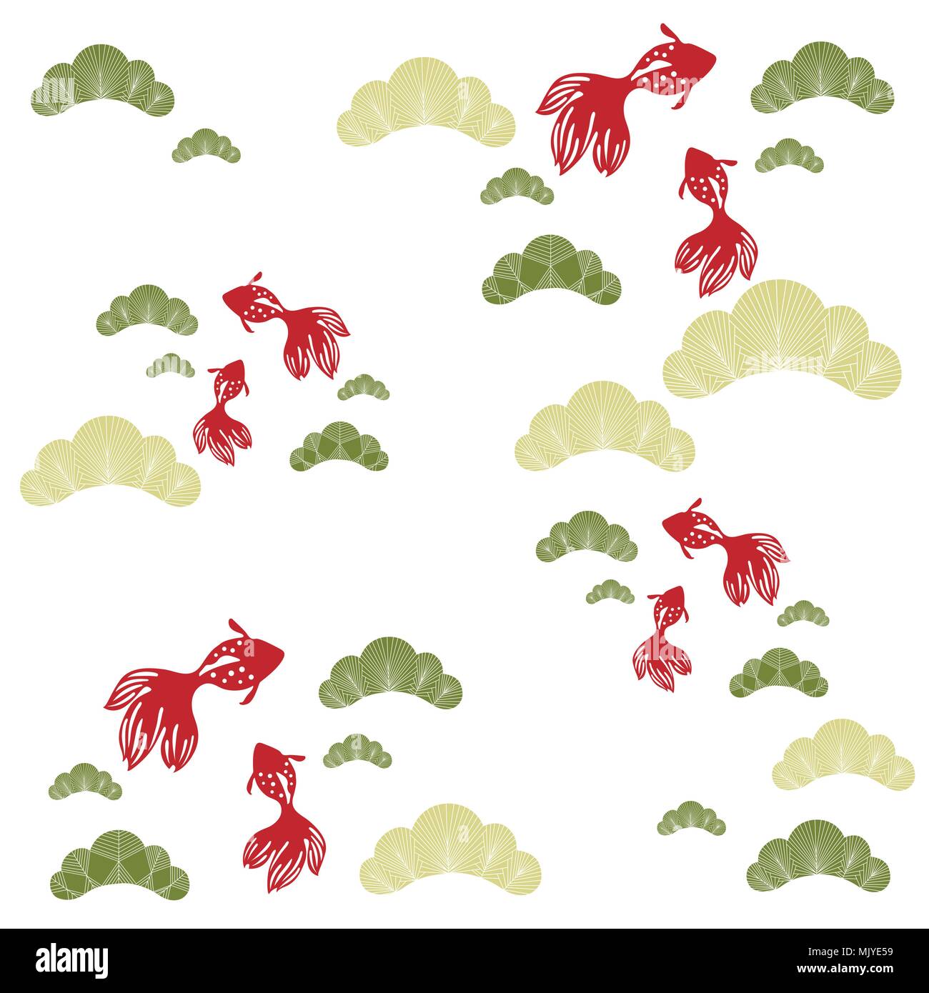 Japanese pattern vector. Red fish and green tree background. Stock Vector