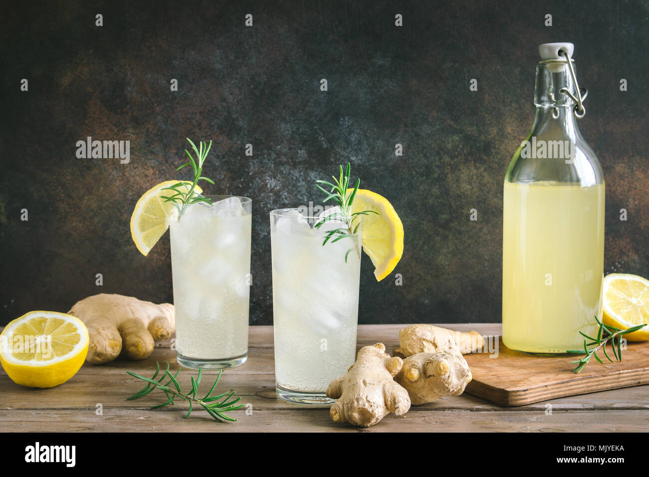 Ginger Ale - Homemade lemon and ginger organic soda drink, copy space. Stock Photo