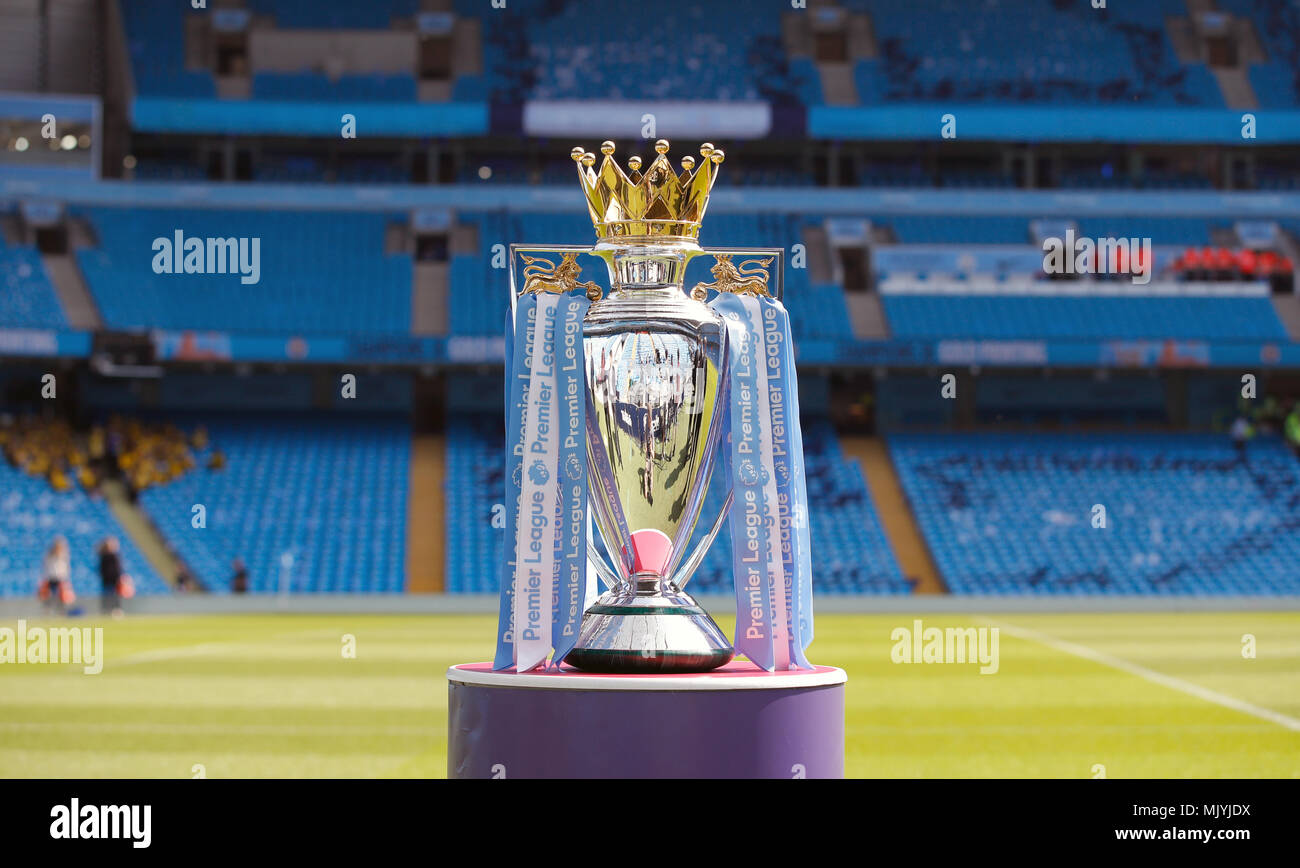 General view of the Premier League trophy on display before the Premier League match at the Etihad Stadium, Manchester. PRESS ASSOCIATION Photo