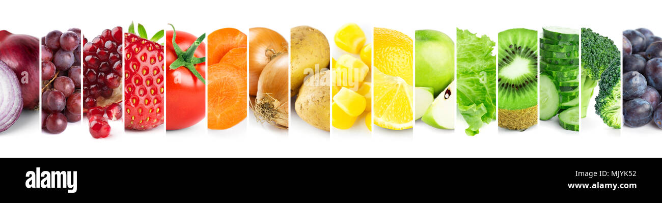 Collage of color fruits and vegetables. Fresh ripe food. Food concept Stock Photo