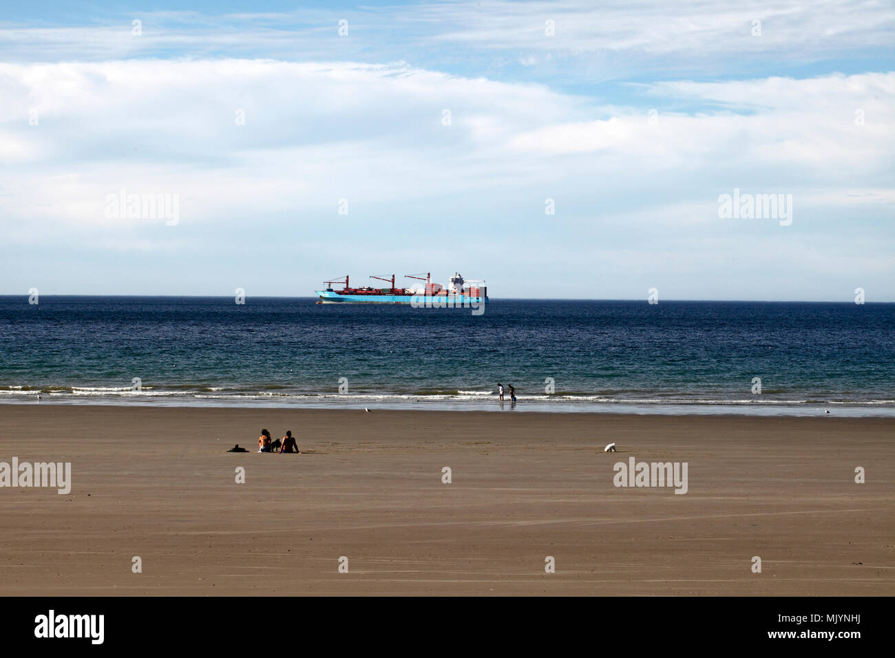 Cargo container ship on the horizon at Puerto Madryn, Chubut, Argentina, Patagonia. Stock Photo