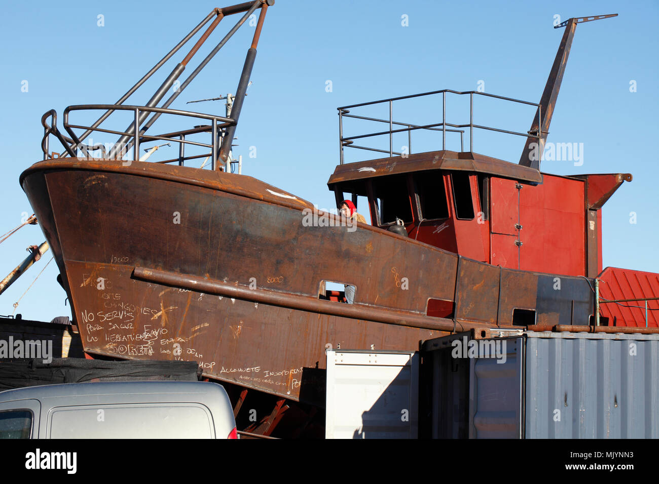 Boatyard. Construction of a new boat for the Yellow fleet at Puerto Rawson on the Chubut River. Argentina, Patagonia. Stock Photo