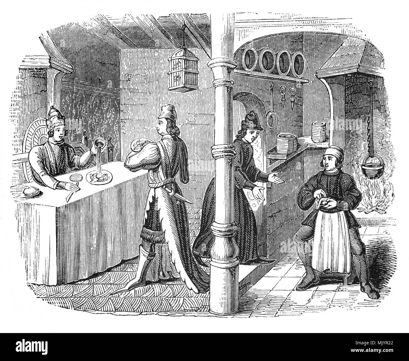 In most medieval households, cooking was done on an open hearth in the middle of the main living area, to make efficient use of the heat. This was the most common arrangement, even in wealthy households, where the kitchen was combined with the dining hall.  Tools  specific to cooking over an open fire were spits of various sizes, and material for skewering anything from delicate quails to whole oxen, along with adjustable hooks for pots and cauldrons. Stock Photo