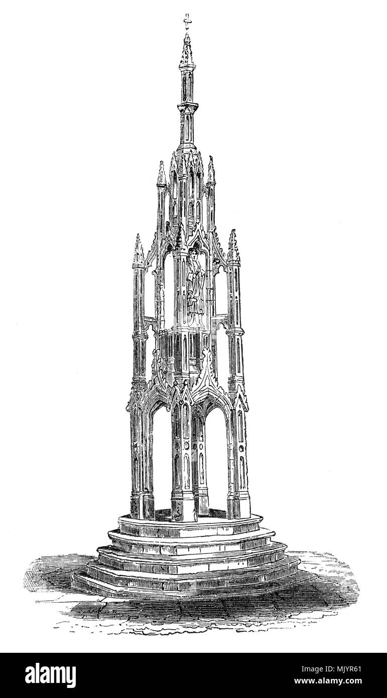 The 15th Century Winchester Market Cross aka the City Cross or the Butter Cross, from the habit of dealers in butter selling their wares by it until 1772, High Street, Winchester, Hampshire. The Gothic structure in pale stone is considered to be among the finest in England.  The cross stands on 5 steps, the lowest one now partially covered. Engraved ‘The High Cross, MCDXX11-MCDLXI, Restored MDCCC. Stock Photo