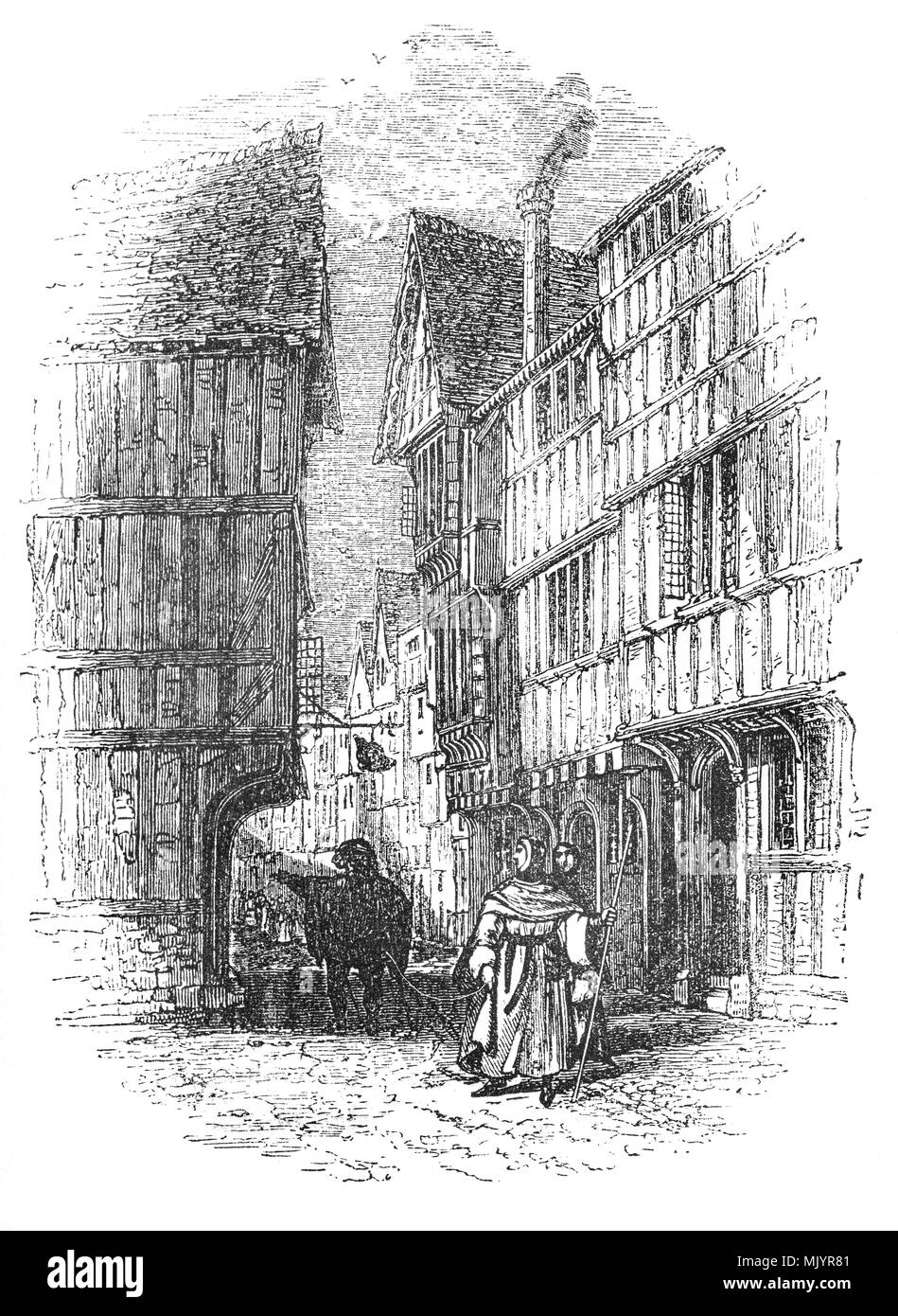 A man with a dancing bear in 15th Century England. The London streets ...