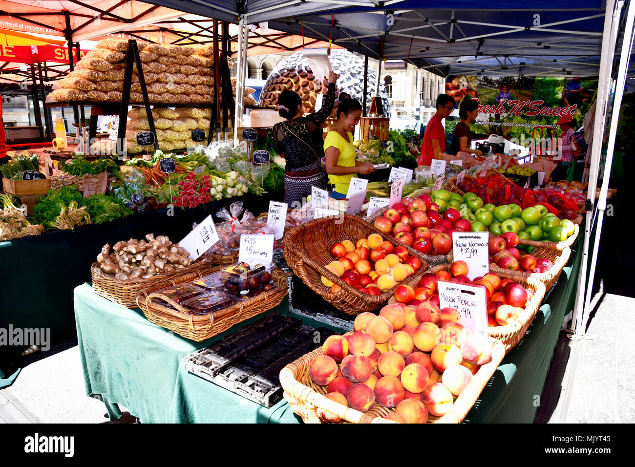 FRESH FRUIT AND VEGETABLES FOR SALE AT A MARKET Stock Photo