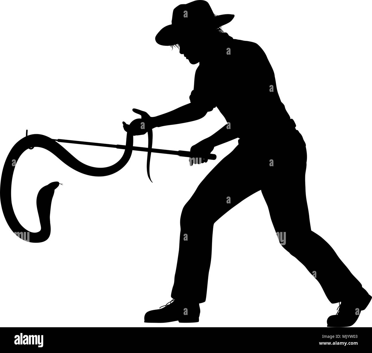 Editable vector silhouette of a man catching a cobra, with snake, man and snakestick as separate objects Stock Vector