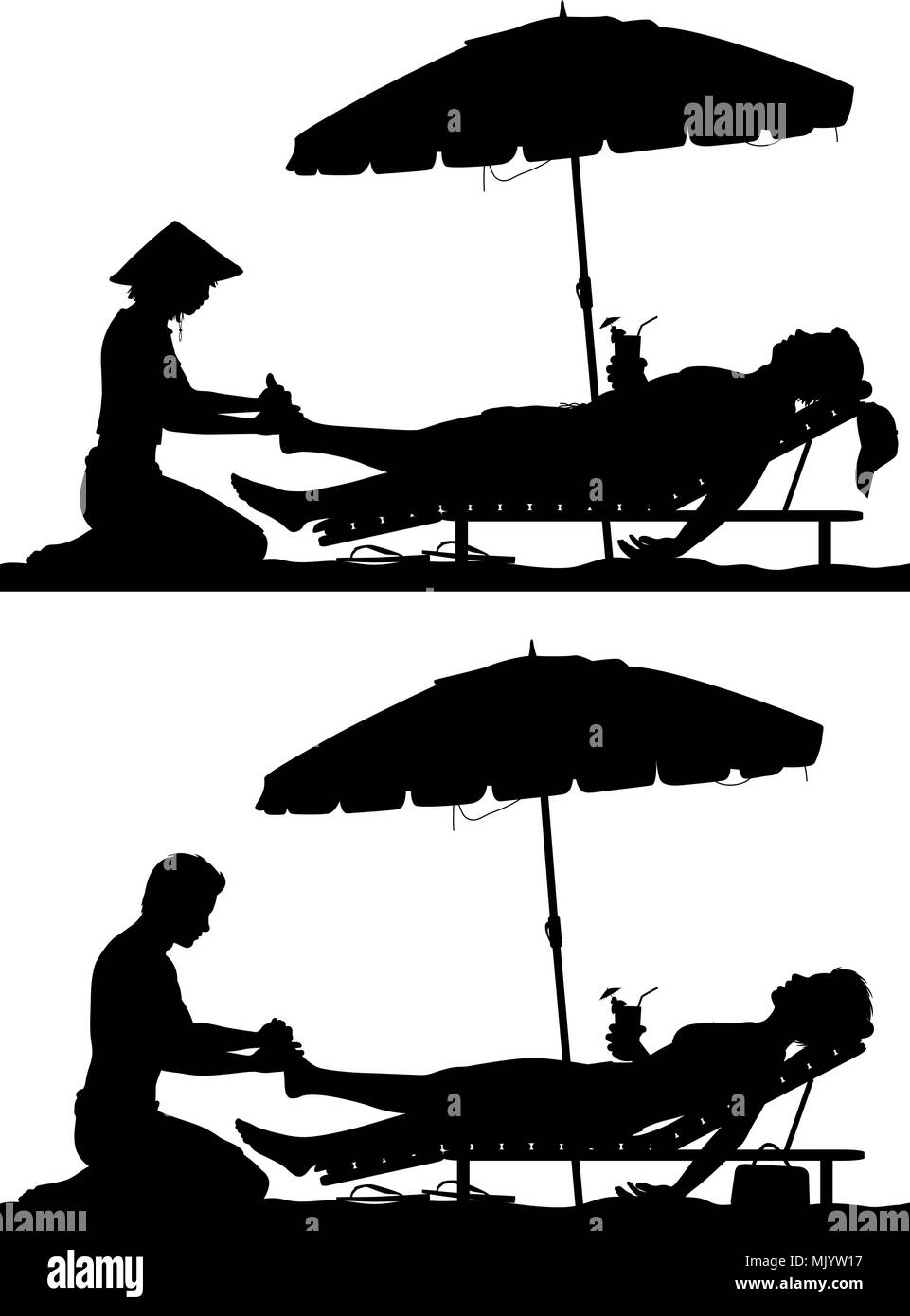 Editable vector silhouettes of a man and woman on a beach vacation getting a foot massage with figures as separate objects Stock Vector