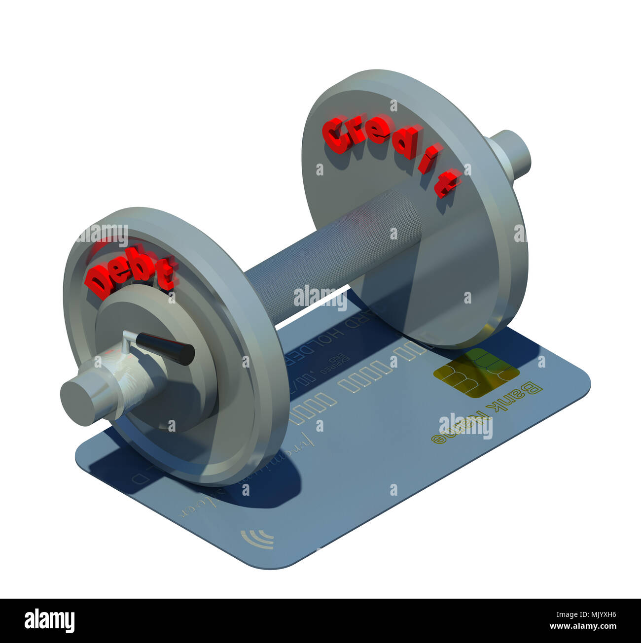 Fitness dumb-bell for shopping maniacs 3D illustration 2. Credit card, debt, three dimensional, isolated on white. Collection. Stock Photo
