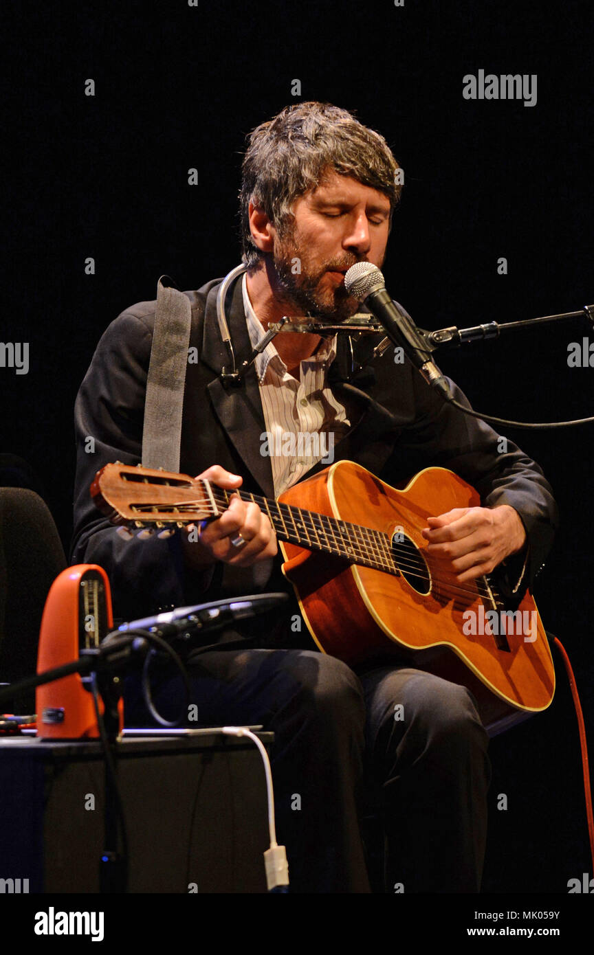 Gruff Rhys performing sol at Mareel in the Shetland Isles. Formerly of Welsh band the Super Furry Animals. He is a musician, composer and producer Stock Photo
