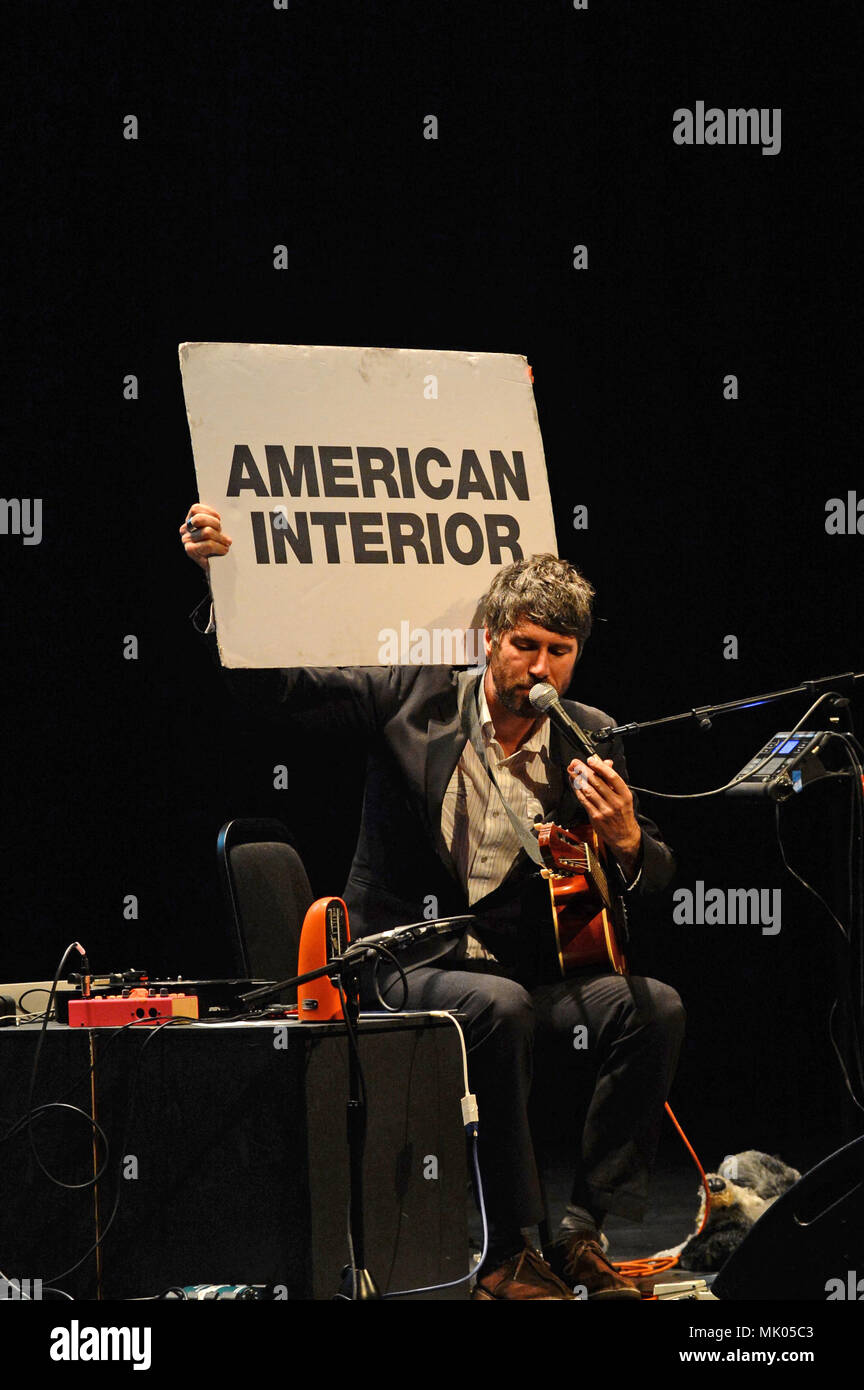 Gruff Rhys performing sol at Mareel in the Shetland Isles. Formerly of Welsh band the Super Furry Animals. He is a musician, composer and producer Stock Photo