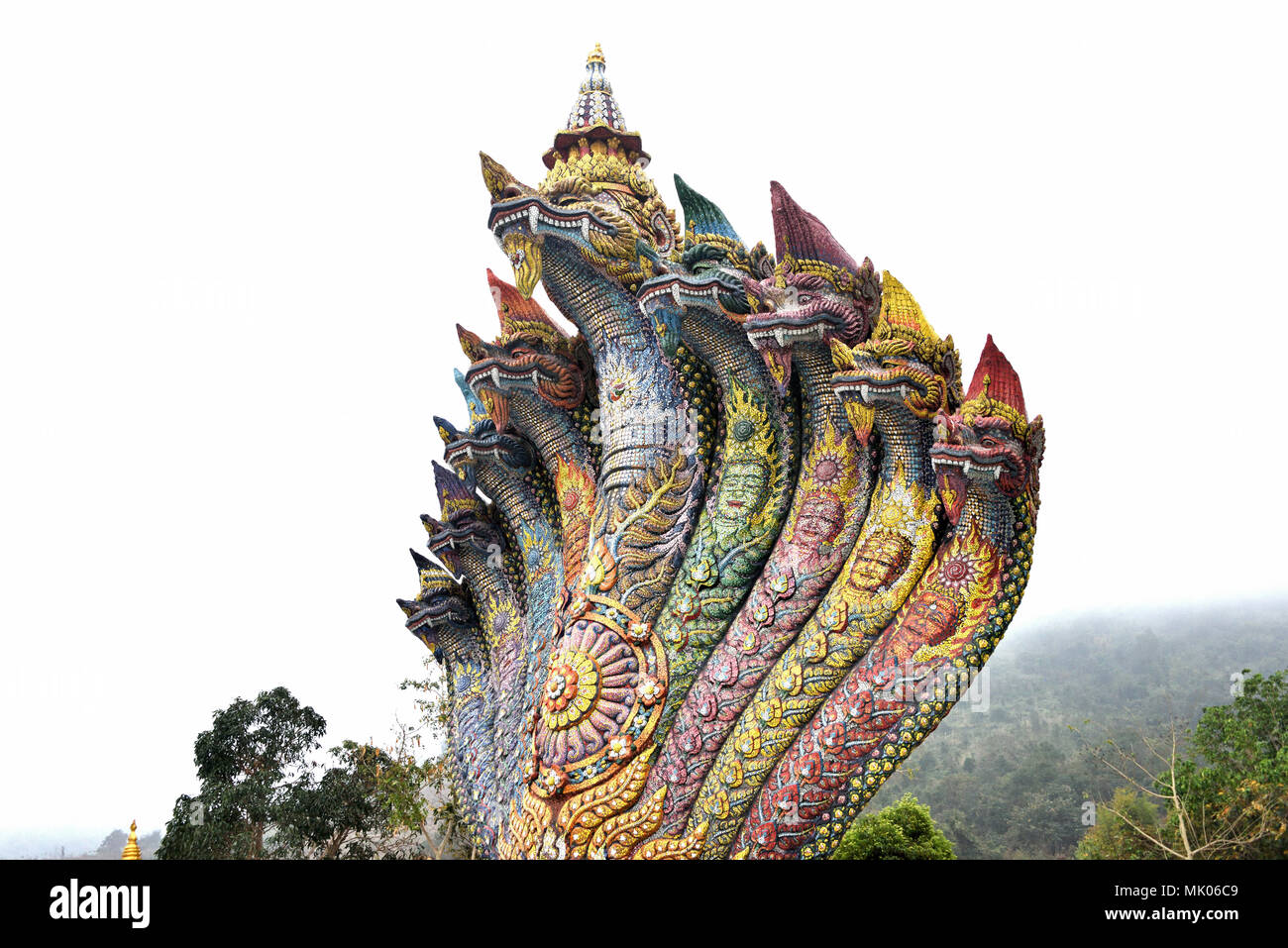 Close-up of the Nine-headed Naga (serpent) next to Sala Chalermprakiat (hall) at Wat Pa Huai Lat (Temple) in Northern Thailand Stock Photo