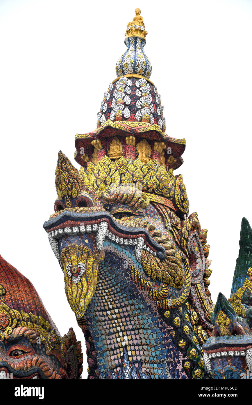 Close-up of the central head of the Nine-headed Naga (serpent) next to Sala Chalermprakiat (hall) at Wat Pa Huai Lat (Temple) in Northern Thailand Stock Photo