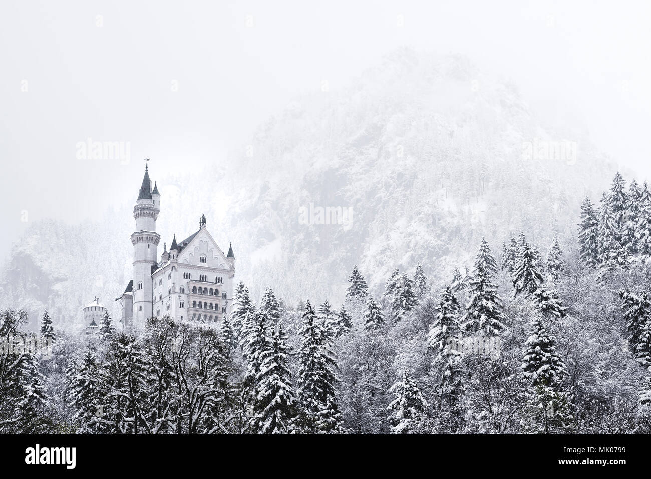 A snowy winter view of Neuschwanstein Castle in Bavaria, Germany. Stock Photo