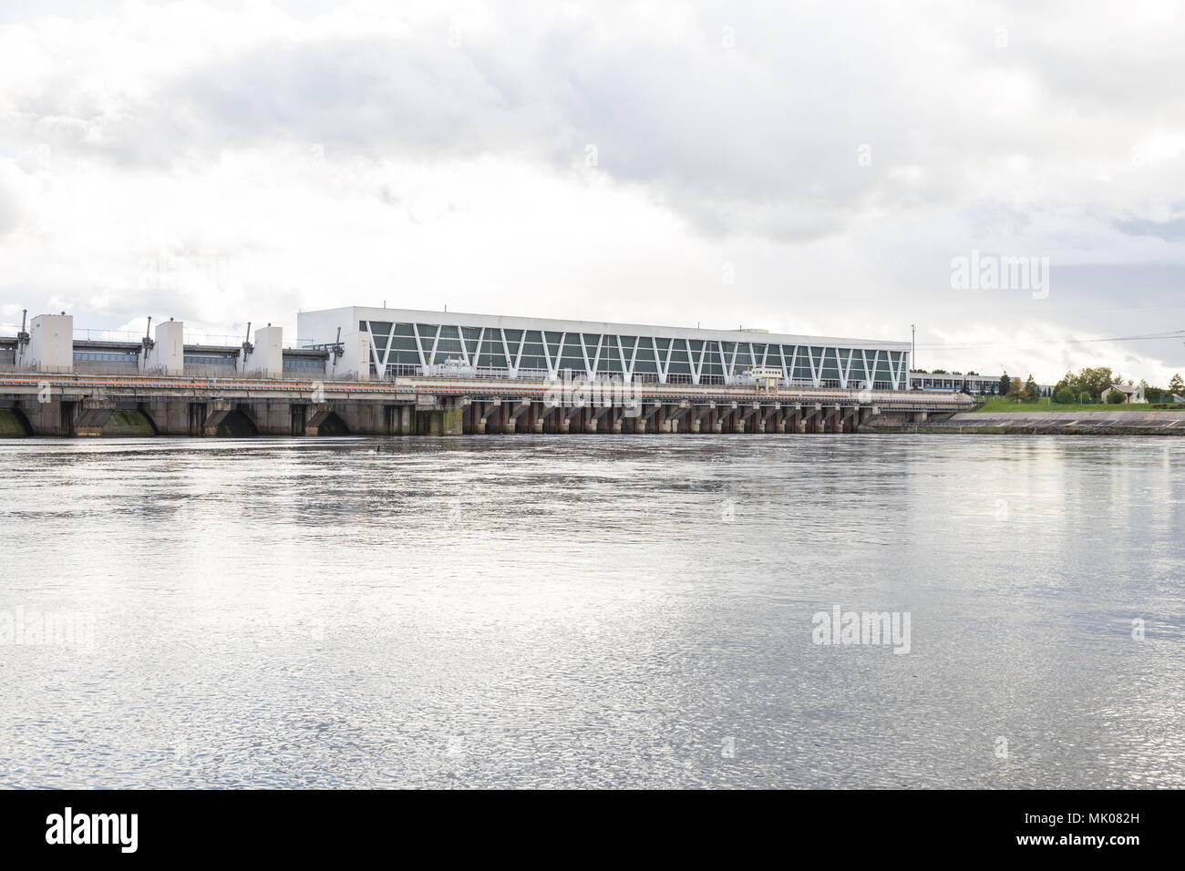 City Riga, Latvia. Hydroelectric station at river Daugava. Nature and ...
