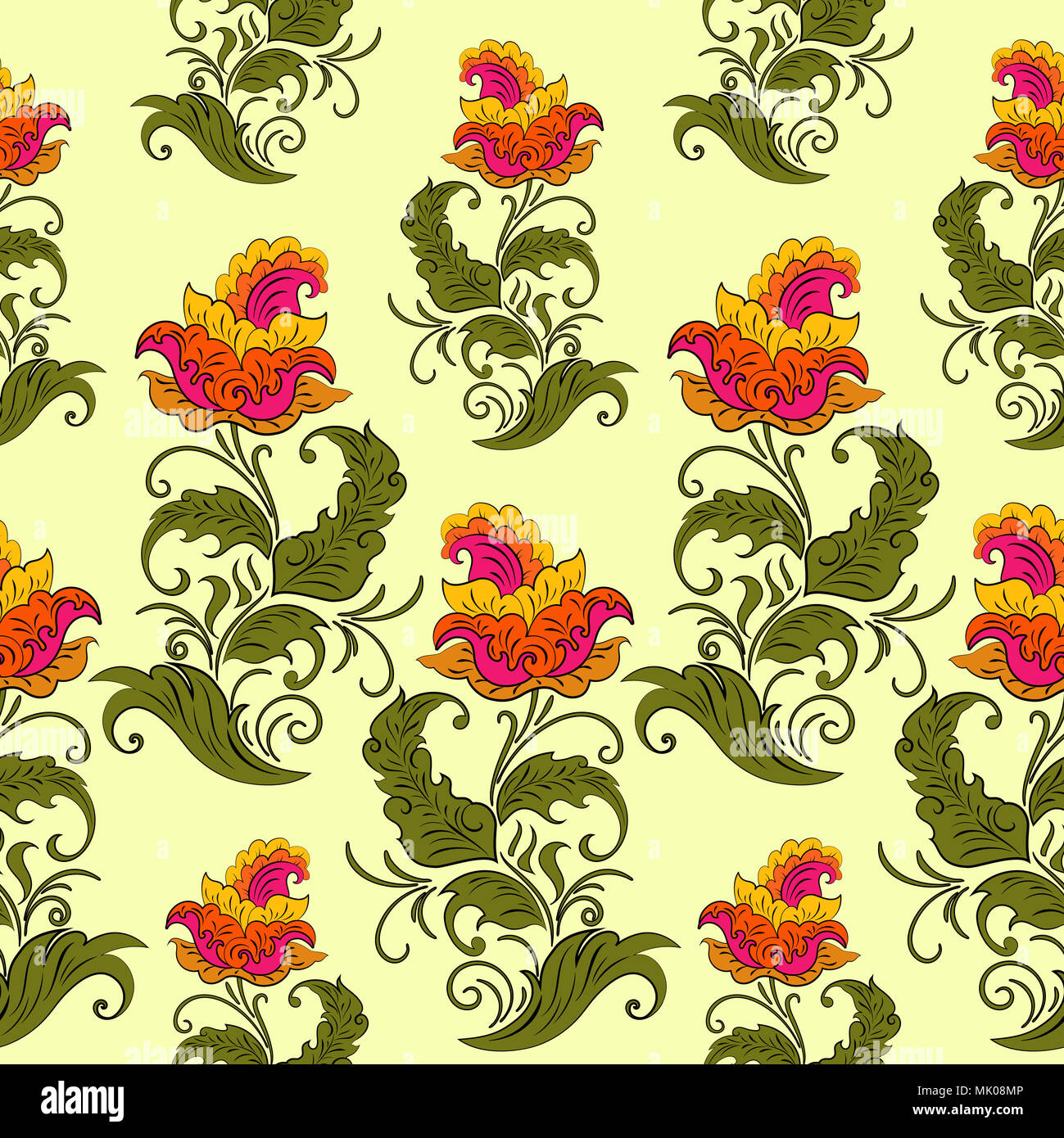 Seamless pattern with red flower. Yellow background. Vintage oriental ...