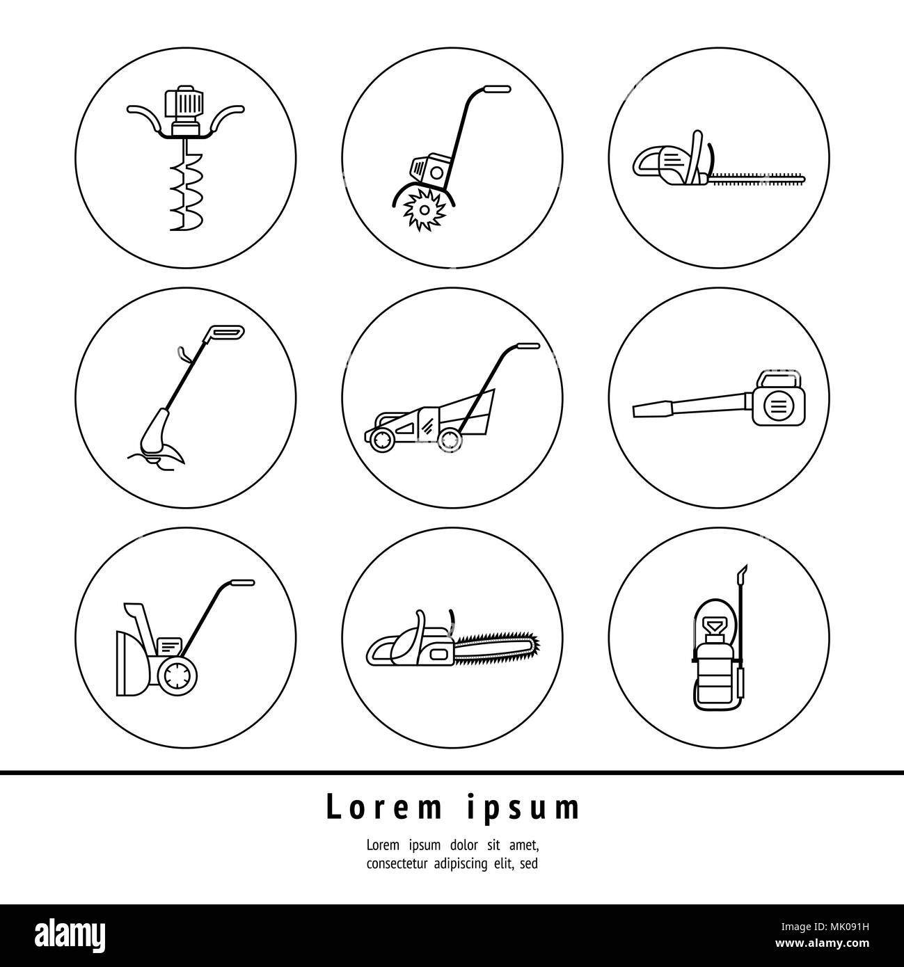 Badges of gardening power tools for flyer or leaflet. Technique for garden and lawn care Stock Photo