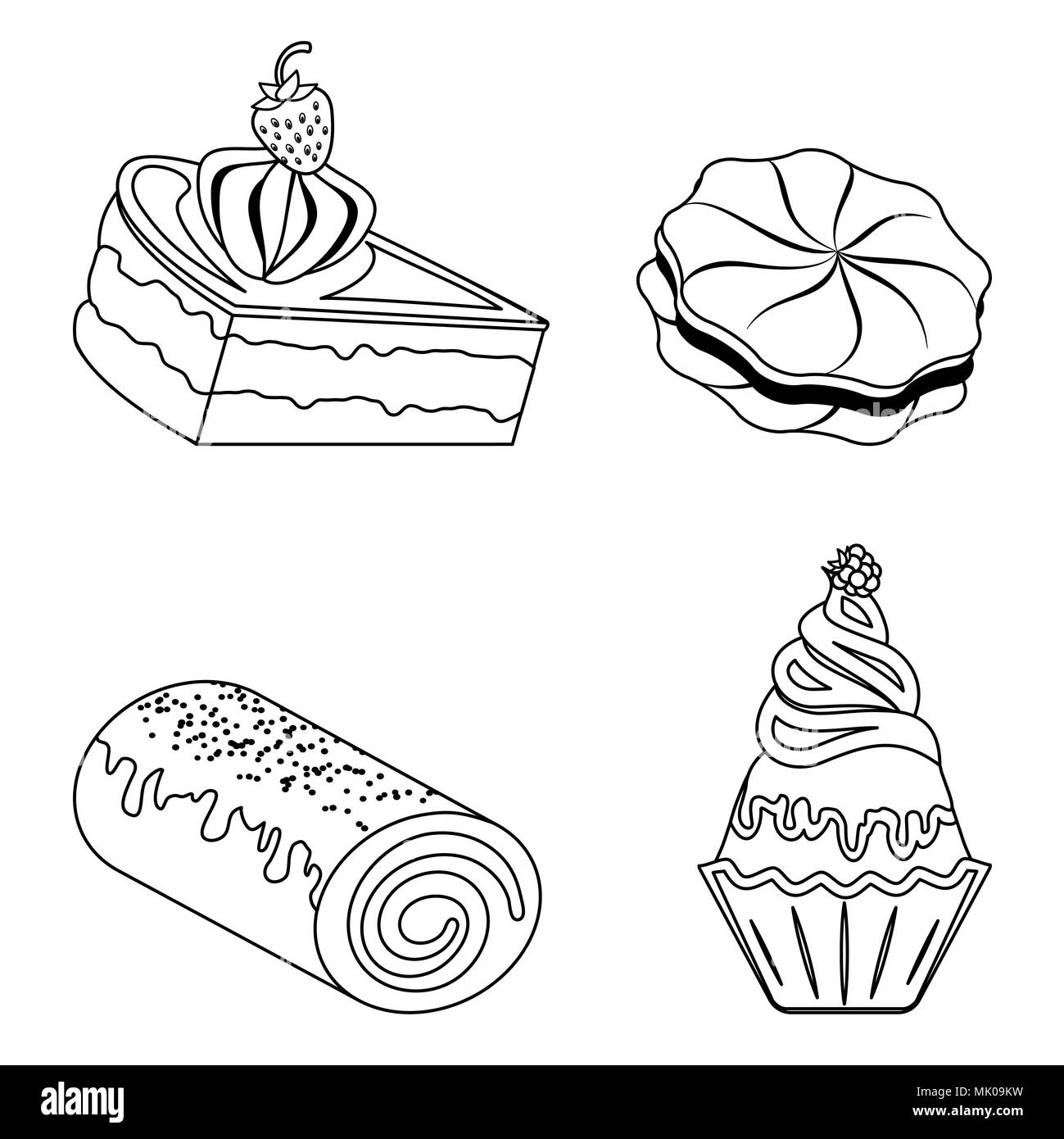 Confection, bakery products. Piece of cream cake, cupcake, sweet roll, cookies. Outline badge Stock Photo