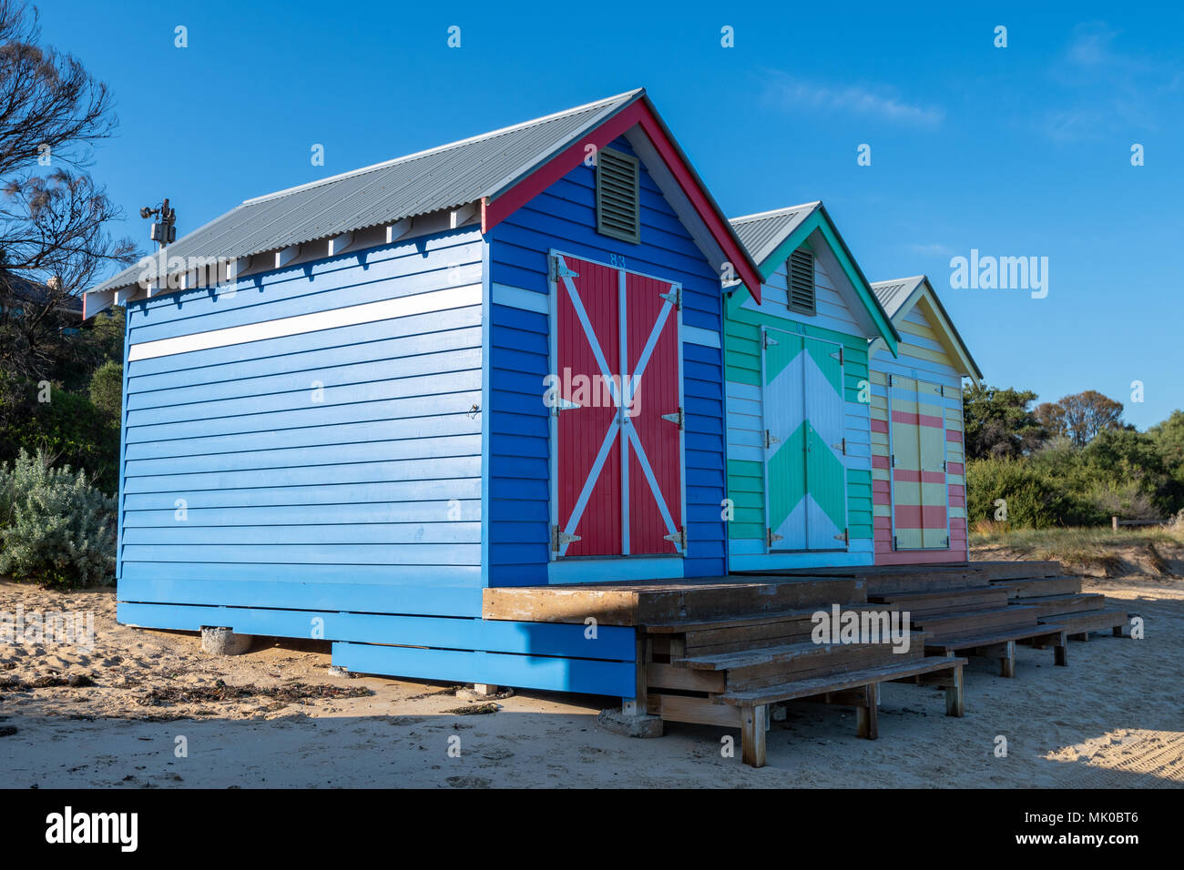 Bright And Colourful Wood Beach Bathing Huts On Brighton Beach Close To Melbourne Australia