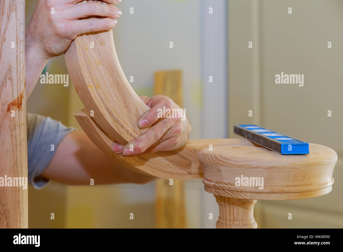 How to Install a Stair Railing Kit Installation for wooden Stock Photo