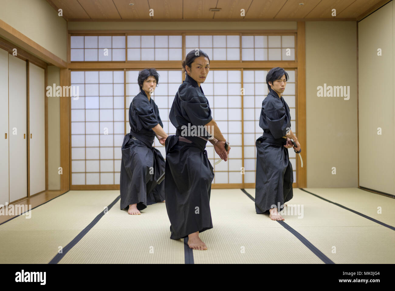 Japanese martial arts athlete training kendo in a dojo Samaurai