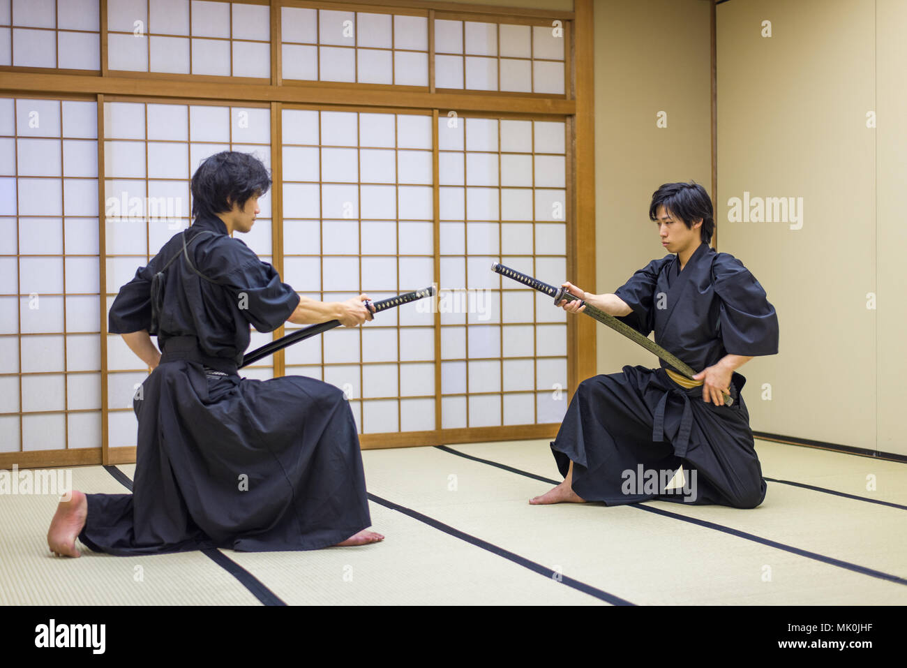 Japanese martial arts athlete training kendo in a dojo Samaurai